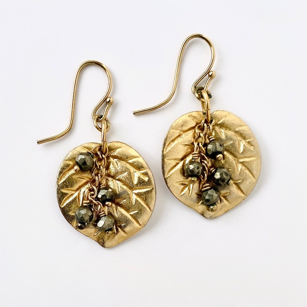 Gold Plated Leaf & Loose Pyrite Bead Dangle Earrings Hooks 1 3/8" Handmade 2000s
